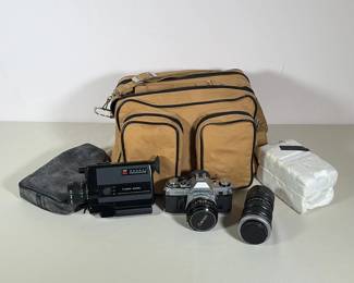 (4pc) CANON AE-1 35MM SLR AND CANON 310XL SUPER 8 CAMERA WITH LENSES AND VIVITAR FLASH
