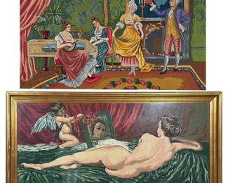 PAIR OF MID-CENTURY NEEDLEPOINTS AFTER VELÁZQUEZ AND ROCOCO SCENE