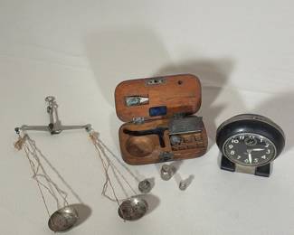 (3pc) WESTCLOX BABY BEN ALARM CLOCK AND PORTABLE WOOD-CASED BALANCE SCALE SET