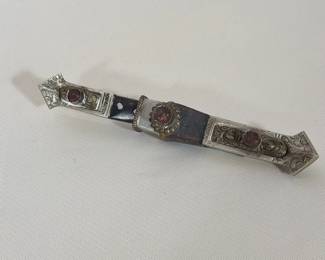 TIBETAN SILVERED METAL AND CARNELIAN INSET DAGGER WITH SCABBARD