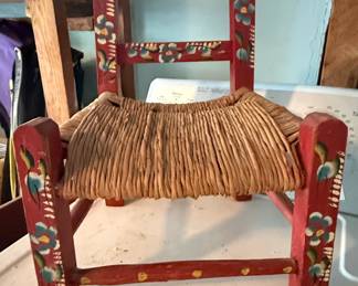 Vintage Mexican Hand-Painted Red Folk Art Child's Chair with Woven Rush Seat
