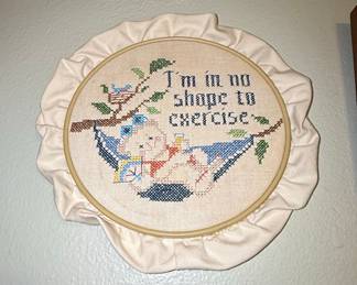 Vintage Cross-Stitch "I'm in no shape to exercise" Bear Hoop Art