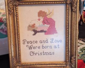 Vintage Framed Cross Stitch "Peace and Love Were Born at Christmas"