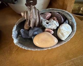 Abalone Shell Decorative Bowl with Mixed Specimen Stones and Fossilized Gastropod