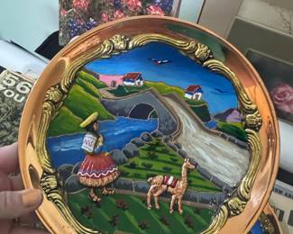 Vintage Peruvian Hand-Painted Copper Wall Plate with Andean Scene