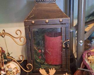 Decorative Metal Christmas Lantern with Faux Greenery and LED Candle