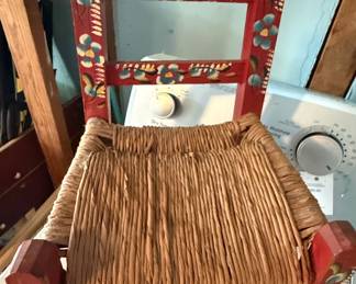 Vintage Mexican Hand-Painted Red Folk Art Child's Chair with Woven Rush Seat
