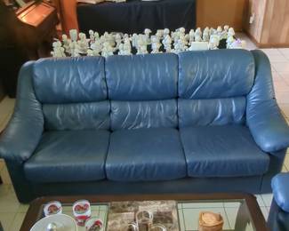 Blue Leather Three-Seater Sofa