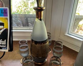 Mid-Century Bohemian Frosted Glass Decanter Set with Gold Accents