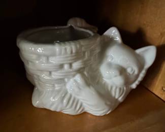 Vintage White Ceramic Cat Holding Kitten Planter
