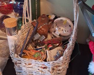 Assorted Christmas Ornaments in Wicker Basket with Star Wars Chewbacca and Stranger Things 'Eleven' Ornaments