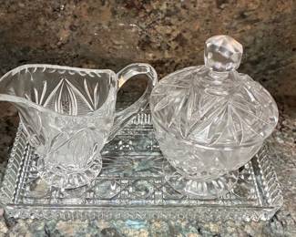 Vintage American Brilliant Cut Glass Creamer, Sugar Bowl with Lid, and Tray Set