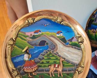 Vintage Peruvian Hand-Painted Copper Wall Plate with Andean Scene