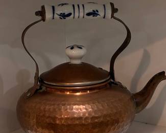 Hammered Copper Tea Kettle with Blue and White Porcelain Handle