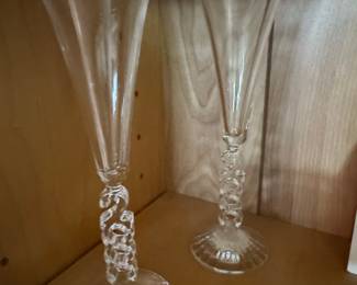 Vintage Indiana Glass Diamond Point Crystal Serving Bowl and Twisted Stem Champagne Flutes