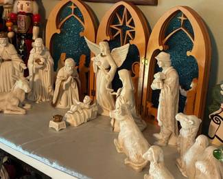 Vintage Porcelain Nativity Set with Wooden Triptych Background and Glitter Accents