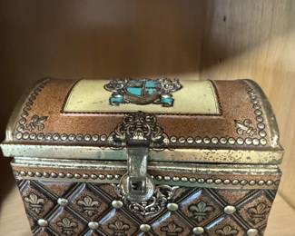 Vintage Tin Litho Treasure Chest Box with Fleur-de-lis and Coat of Arms