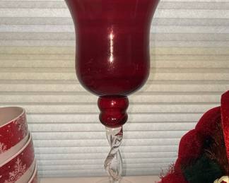 Ruby Red Glass Hurricane Candlestick with Twisted Clear Stem