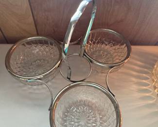 Vintage Pressed Glass Three-Bowl Condiment Server with Silver-Plated Handle