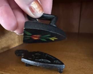 Vintage Hand-Painted Cast Iron Miniature Sad Iron and Trivet Set