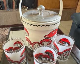 Vintage Merry Mushroom Ware Ice Bucket and Glasses Set