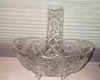 Crystal Cut Glass Basket with Handle