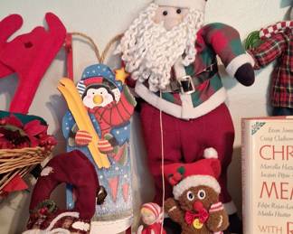 Vintage Christmas Decorative Shelf Assortment with Santa Figures and Penguin Ornament