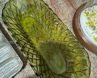 Indiana Glass Avocado Green Basket Weave Relish Dish
