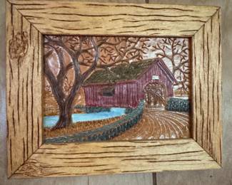Hand-Carved Covered Bridge Wood Relief by H. Nadeau