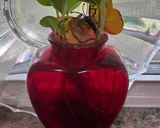 Vintage Red Heart-Shaped Pressed Glass Vase