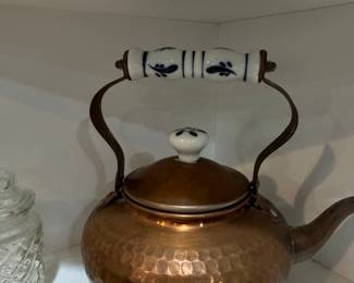 Hammered Copper Tea Kettle with Blue and White Porcelain Handle