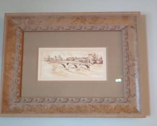 Sepia Tone Italianate Bridge Watercolor