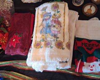 Vintage Christmas Holiday Linens Set - Cross-Stitch Towel, Poinsettia Towel, and Knit Stocking