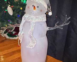 Frosted Glass Snowman Figurine with Scarf and Lantern