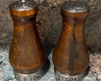 Vintage Wood and Sterling Silver Salt and Pepper Mill Set
