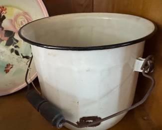 Vintage White Enamelware Pail with Black Rim and Wooden Handle