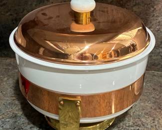 Vintage Copper and White Enamel Chafing Dish with Brass Stand