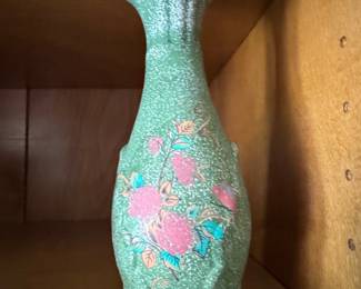 Vintage Speckled Green Chinoiserie Floral Bud Vase