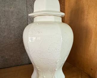 White Glazed Hexagonal Ginger Jar with Floral Relief