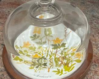 Goodwood Teak Wood Cheese Board Tray with Glass Dome Lid and Floral Inset