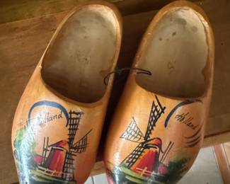 Vintage Hand-Painted Wooden Dutch Clogs (Klompen) with Windmill Motif