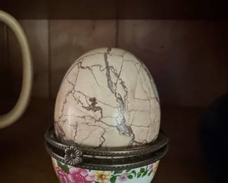 Vintage Porcelain Egg Trinket Box with Floral Base