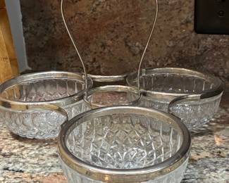 Silver-Plated Triple Condiment Server with Cut Glass Bowls