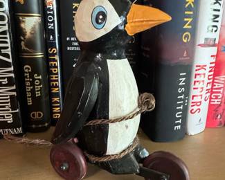 Vintage Hand-Carved Wooden Penguin Pull Toy - Made in Austria