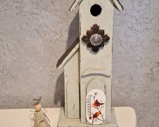 Decorative Church Birdhouse with Cardinal Thermometer and Angel Figurine