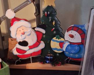 Vintage Kmart Santa, Snowman, and Christmas Tree Wooden Cutout Decor