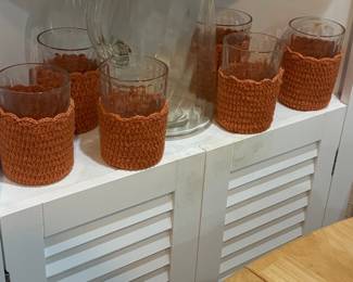 Vintage Glass Pitcher and Tumbler Set with Crocheted Cozies