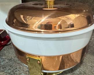 Vintage Copper and Brass Chafing Dish with White Ceramic Insert