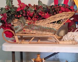 Vintage Red Wicker Christmas Sleigh Centerpiece with Floral Arrangement