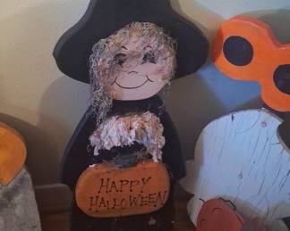 Hand-Painted Wooden Halloween Witch Decoration with Pumpkin Sign